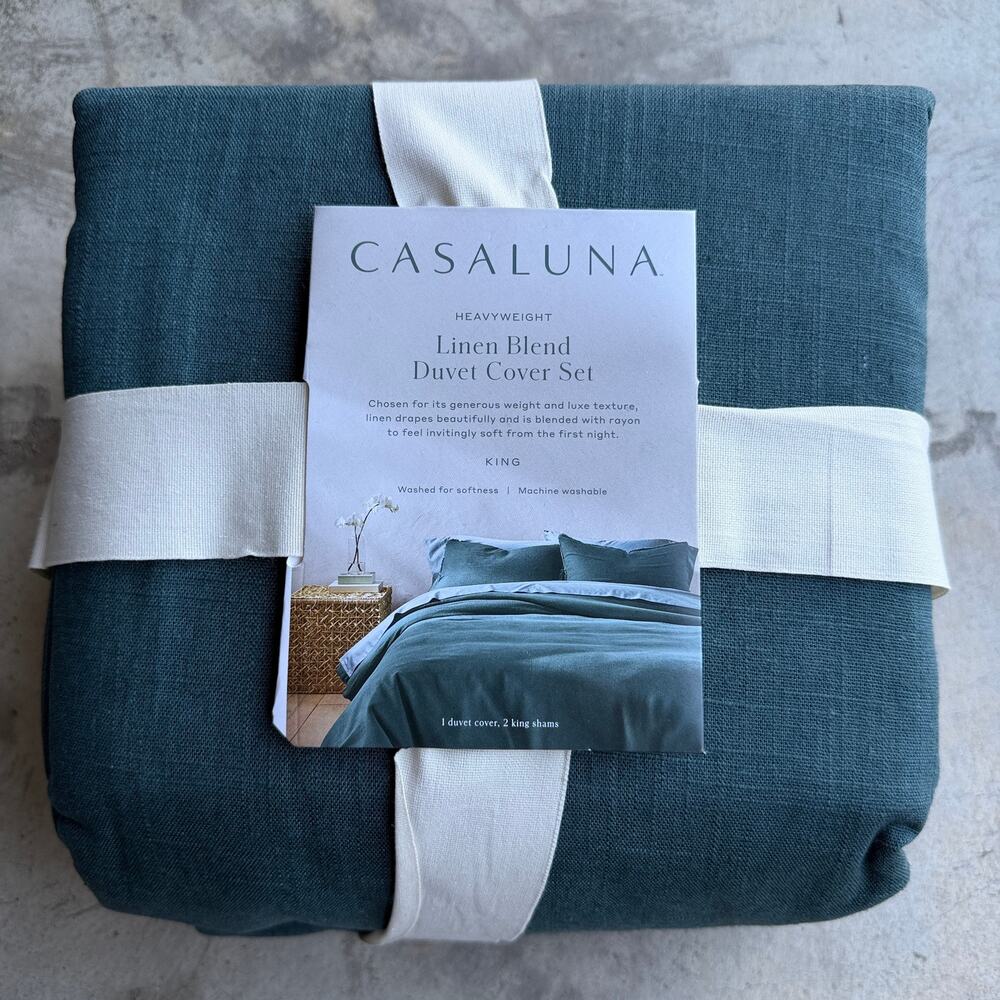 Casaluna Heavyweight Linen Blend Duvet Set King Sea Green NWT
